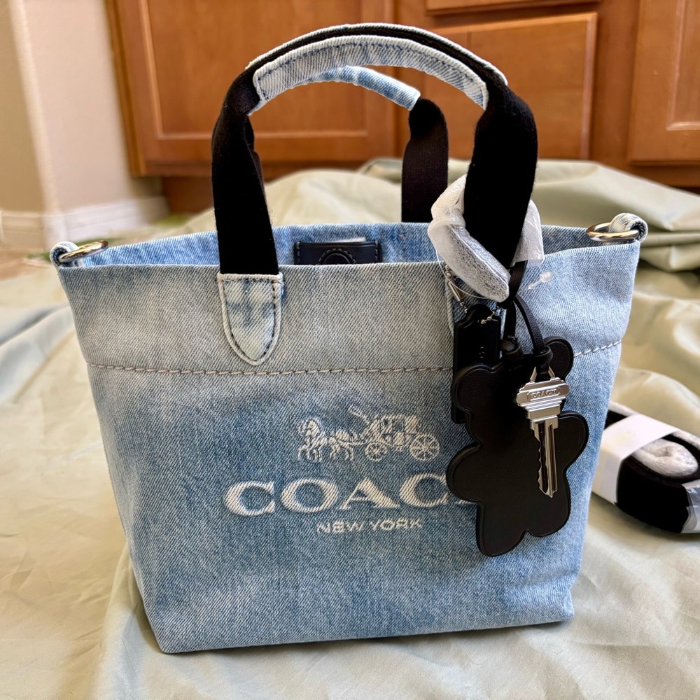 New! COACH Denim Mini Tote Bag in Light Blue with key and bear charm